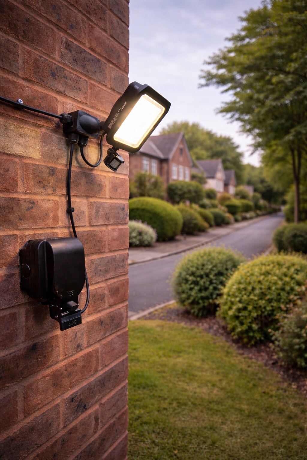 CALLFIX-installed security floodlight glowing at dusk on a UK home